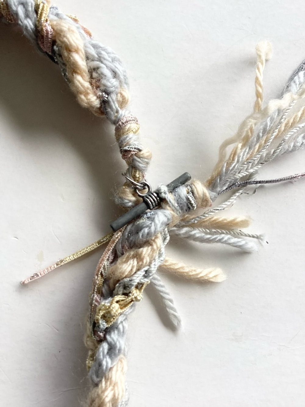 Necklace Hand Crafted Braided Boho Beaded Silver Grey Cream 18” - Picture 8 of 14
